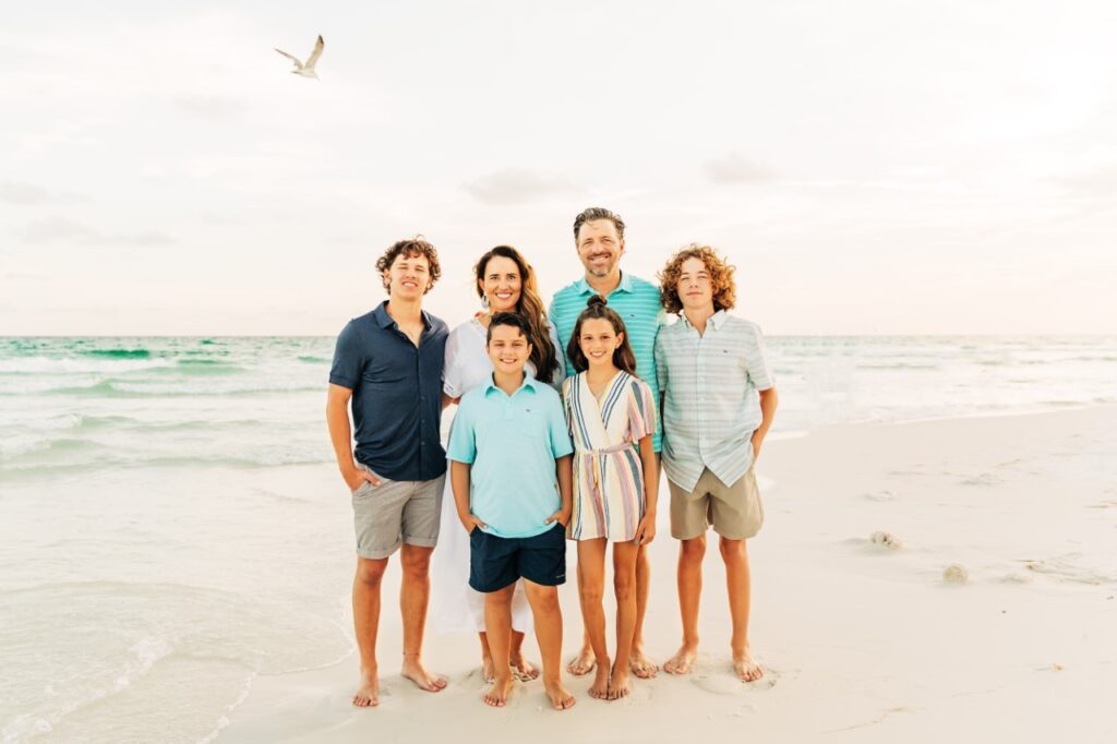 A family posing for a picture on the beach