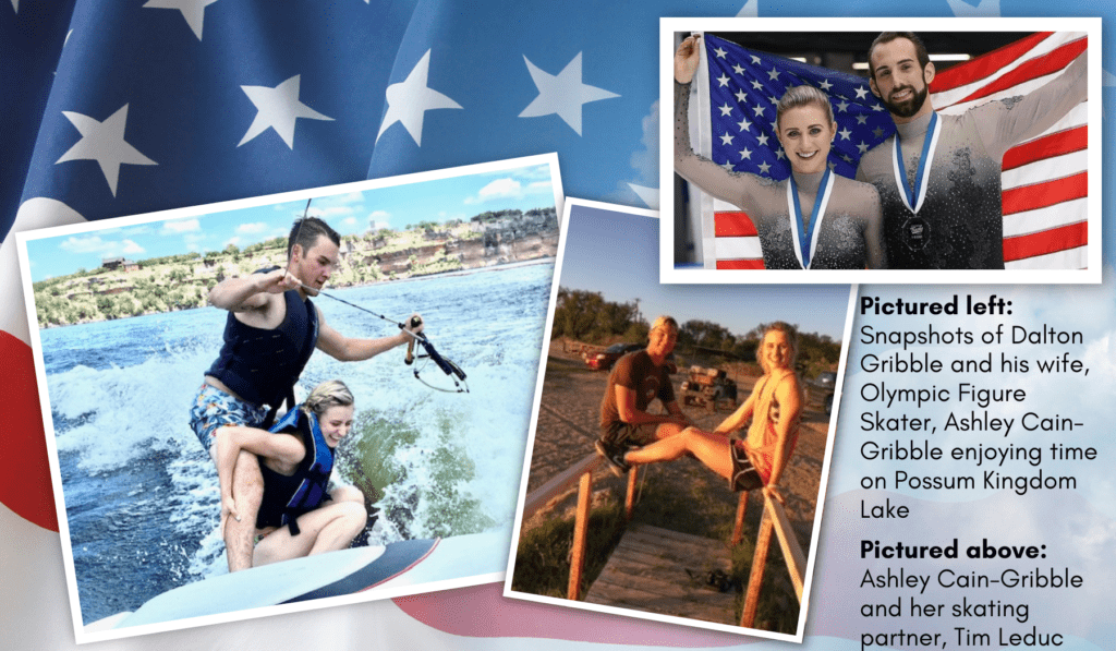 A collage of photos with the american flag in background.