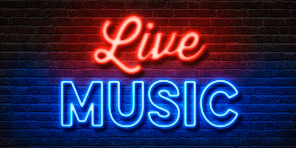A neon sign that says live music.