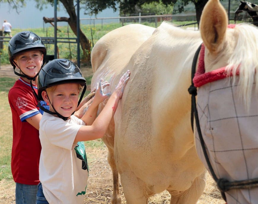 Two children petting a light-colored horse, both smiling and wearing helmets.