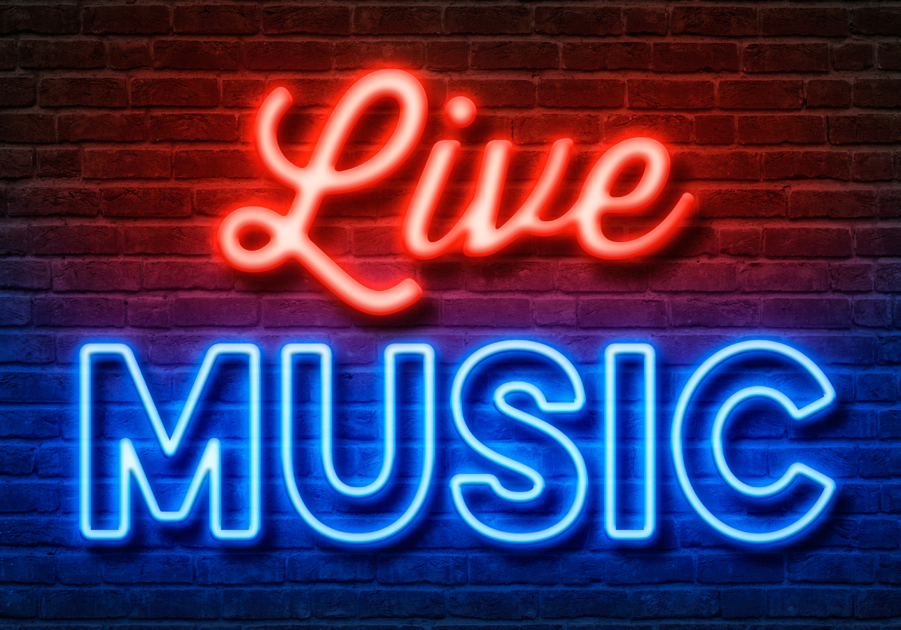 A neon sign that says live music.